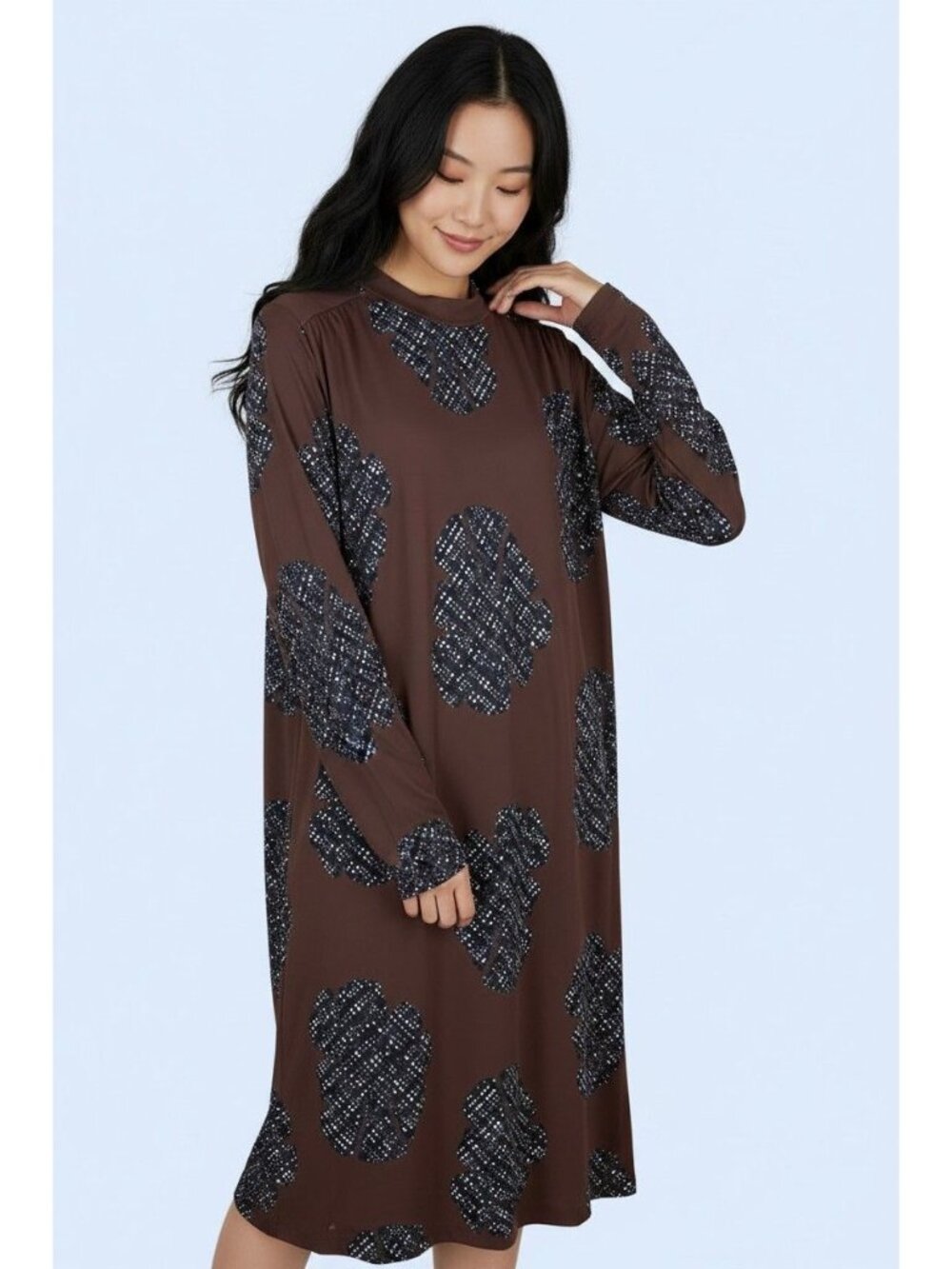 Masai Copenhagen Shift Dress Women’s Large Brown Black Floral Print Long Sleeve